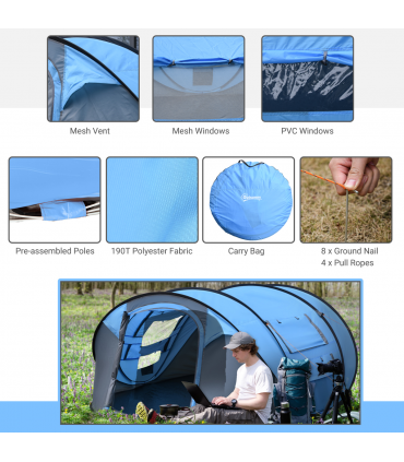 Camping Tent Dome Pop-up Tent with Windows for 4-5 Person Sky Blue