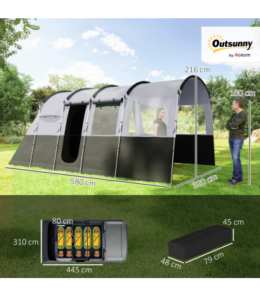 8-Person Camping Tent Tunnel Design with 4 Large Windows Dark Grey
