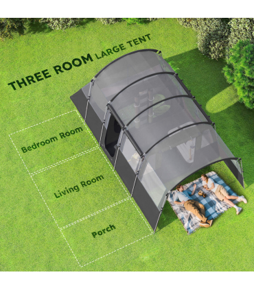 8-Person Camping Tent Tunnel Design with 4 Large Windows Dark Grey