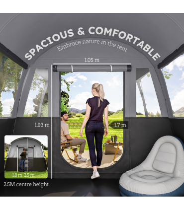8-Person Camping Tent Tunnel Design with 4 Large Windows Dark Grey
