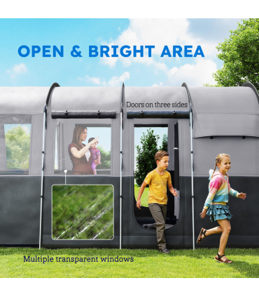 8-Person Camping Tent Tunnel Design with 4 Large Windows Dark Grey