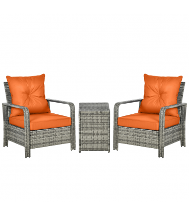 3 PCs PE Rattan Garden Sofa Set w/ 2 Chairs & Storage Table Orange