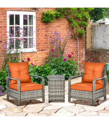 3 PCs PE Rattan Garden Sofa Set w/ 2 Chairs & Storage Table Orange