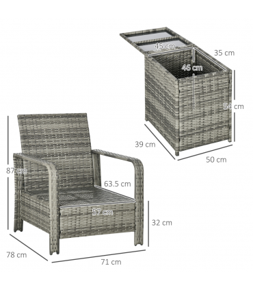 3 PCs PE Rattan Garden Sofa Set w/ 2 Chairs & Storage Table Orange