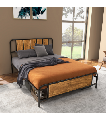 Double Bed Frame Steel Bed Base with Headboard 145 x 199cm Brown