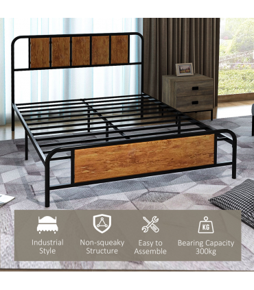 Double Bed Frame Steel Bed Base with Headboard 145 x 199cm Brown