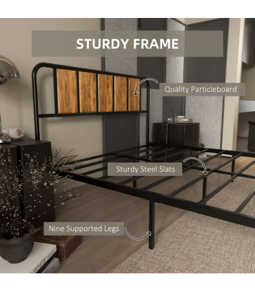 Double Bed Frame Steel Bed Base with Headboard 145 x 199cm Brown