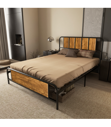 Double Bed Frame Steel Bed Base with Headboard 145 x 199cm Brown