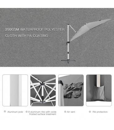 3 x 3(m) Cantilever Roma Parasol Garden Umbrella with Cross Base Grey