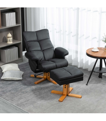Faux Leather Recliner Chair with Ottoman Footrest Storage Space Black