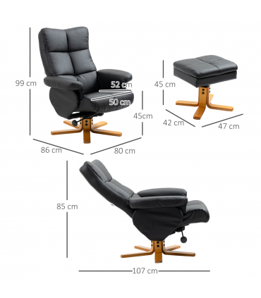 Faux Leather Recliner Chair with Ottoman Footrest Storage Space Black