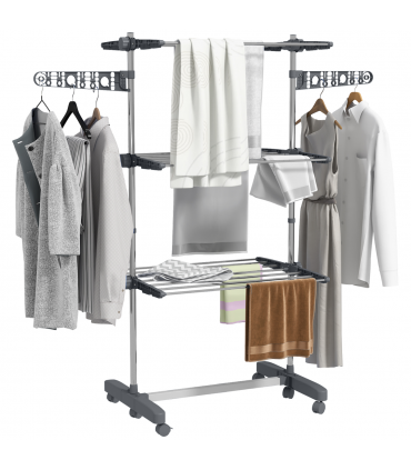 HOMCOM 3-Tier Large Clothes Airer Stainless Steel Clothes Drying Rack Grey