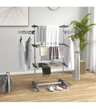 HOMCOM 3-Tier Large Clothes Airer Stainless Steel Clothes Drying Rack Grey
