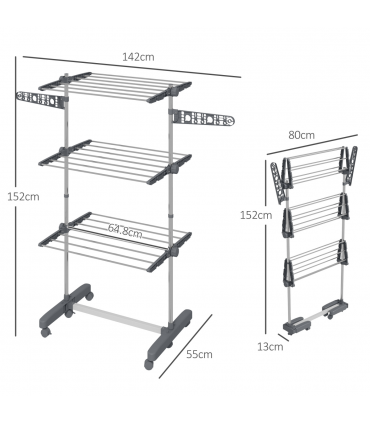 HOMCOM 3-Tier Large Clothes Airer Stainless Steel Clothes Drying Rack Grey