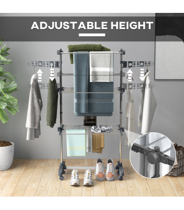 HOMCOM 3-Tier Large Clothes Airer Stainless Steel Clothes Drying Rack Grey