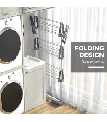 HOMCOM 3-Tier Large Clothes Airer Stainless Steel Clothes Drying Rack Grey
