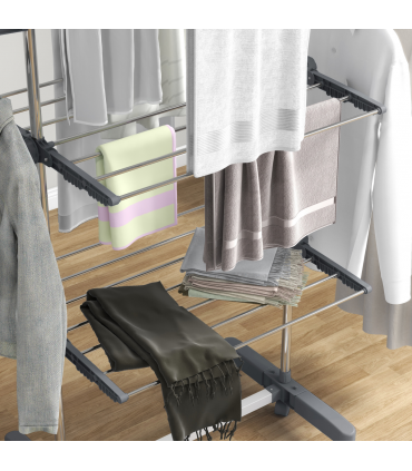 HOMCOM 3-Tier Large Clothes Airer Stainless Steel Clothes Drying Rack Grey