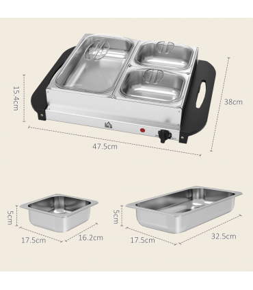 HOMCOM 6L Electric Food Warmer Buffet Server with Lids Cool Touch Handles