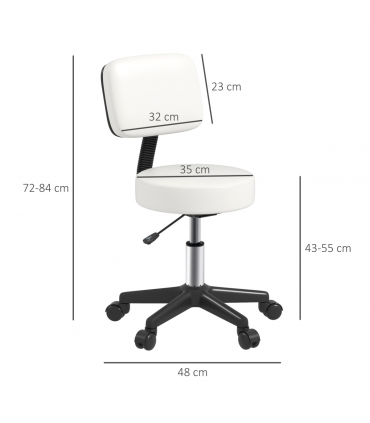 Swivel Salon Chair - Adjustable Height 43-55cm - Padded Seat Back 5 Wheels White