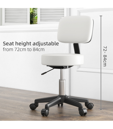 Swivel Salon Chair - Adjustable Height 43-55cm - Padded Seat Back 5 Wheels White