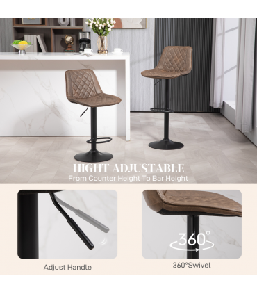 HOMCOM Bar Stools Set of 2, Adjustable Bar Chairs 360° Swivel for Kitchen Brown