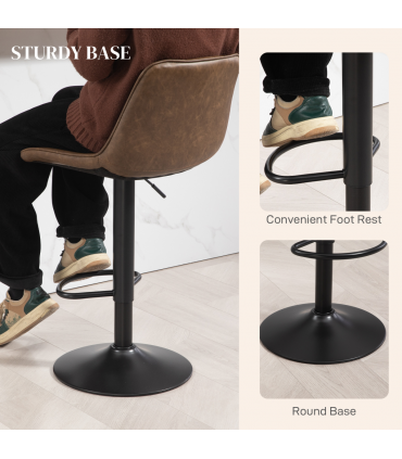 HOMCOM Bar Stools Set of 2, Adjustable Bar Chairs 360° Swivel for Kitchen Brown