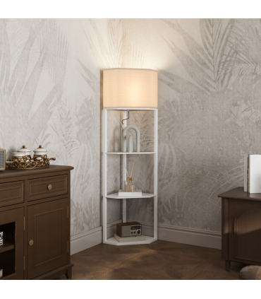 HOMCOM Corner Modern Floor Lamp with Shelves for Living Room, Bedroom, White