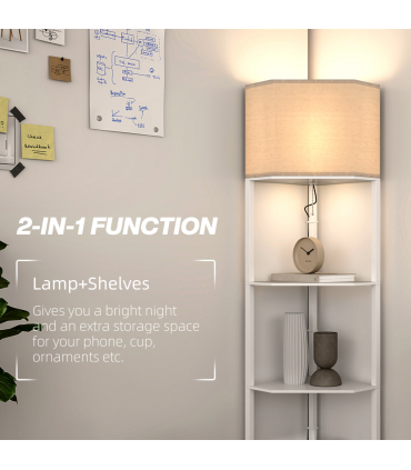 HOMCOM Corner Modern Floor Lamp with Shelves for Living Room, Bedroom, White