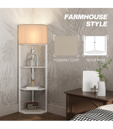 HOMCOM Corner Modern Floor Lamp with Shelves for Living Room, Bedroom, White