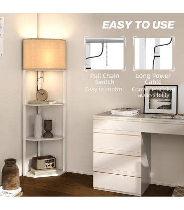 HOMCOM Corner Modern Floor Lamp with Shelves for Living Room, Bedroom, White