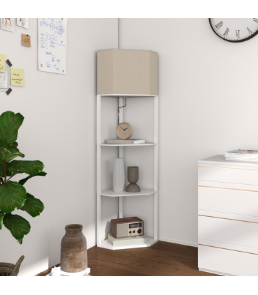 HOMCOM Corner Modern Floor Lamp with Shelves for Living Room, Bedroom, White