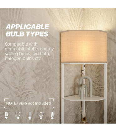 HOMCOM Corner Modern Floor Lamp with Shelves for Living Room, Bedroom, White