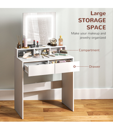 HOMCOM Dressing Table with Mirror, LED Lights, Drawers, for Bedroom, White
