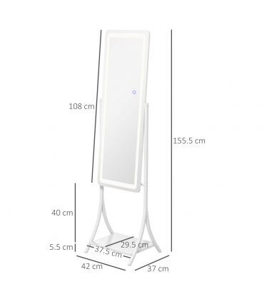 LED Lighted Full Length Mirror White 42L x 37W x 155.5H cm Adjustable Brightness