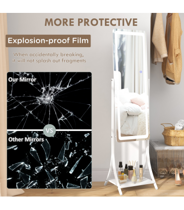 LED Lighted Full Length Mirror White 42L x 37W x 155.5H cm Adjustable Brightness