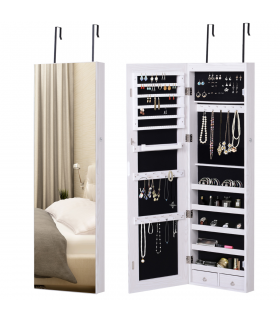 Hanging Mirrored Jewel Storage Cabinet Organiser Lockable w/6 LED White