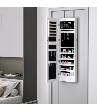 Hanging Mirrored Jewel Storage Cabinet Organiser Lockable w/6 LED White