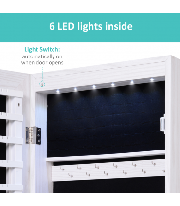 Hanging Mirrored Jewel Storage Cabinet Organiser Lockable w/6 LED White