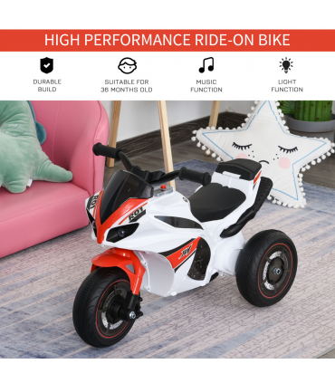 Kids Ride-On Police Bike 3-Wheel Vehicle w/ Music Lights White 48H x 74L x 39Wcm