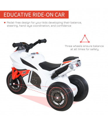 Kids Ride-On Police Bike 3-Wheel Vehicle w/ Music Lights White 48H x 74L x 39Wcm