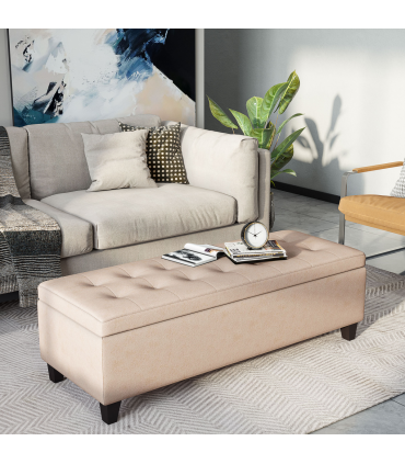 Linen Storage Ottoman Bench Padded w/ Tufting Hinged Lid Wood Frame Feet Beige