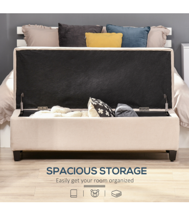 Linen Storage Ottoman Bench Padded w/ Tufting Hinged Lid Wood Frame Feet Beige