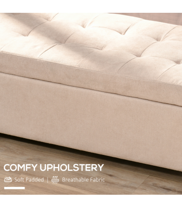 Linen Storage Ottoman Bench Padded w/ Tufting Hinged Lid Wood Frame Feet Beige