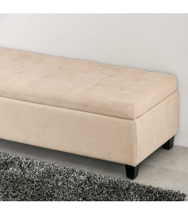 Linen Storage Ottoman Bench Padded w/ Tufting Hinged Lid Wood Frame Feet Beige
