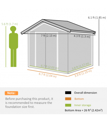 Lockable Garden Shed Large Patio Roofed Foundation 7ft x 4ft,Grey Vent