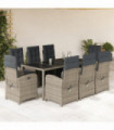 vidaXL 9 Piece Garden Dining Set with Cushions Grey Poly Rattan