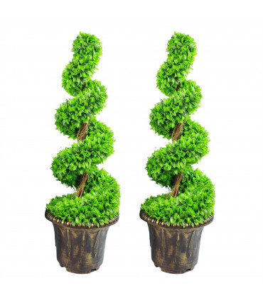 90cm Pair of Green Large Leaf Spiral  Topiary Trees with Decorative Planters