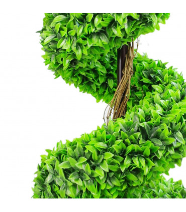 90cm Pair of Green Large Leaf Spiral  Topiary Trees with Decorative Planters