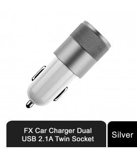 FX Powabud Car Charger 2.1A Twin USB Socket Universal Charger, Silver