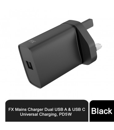 FX Mains Charger USB 1A Compatible with USB Devices, Black
